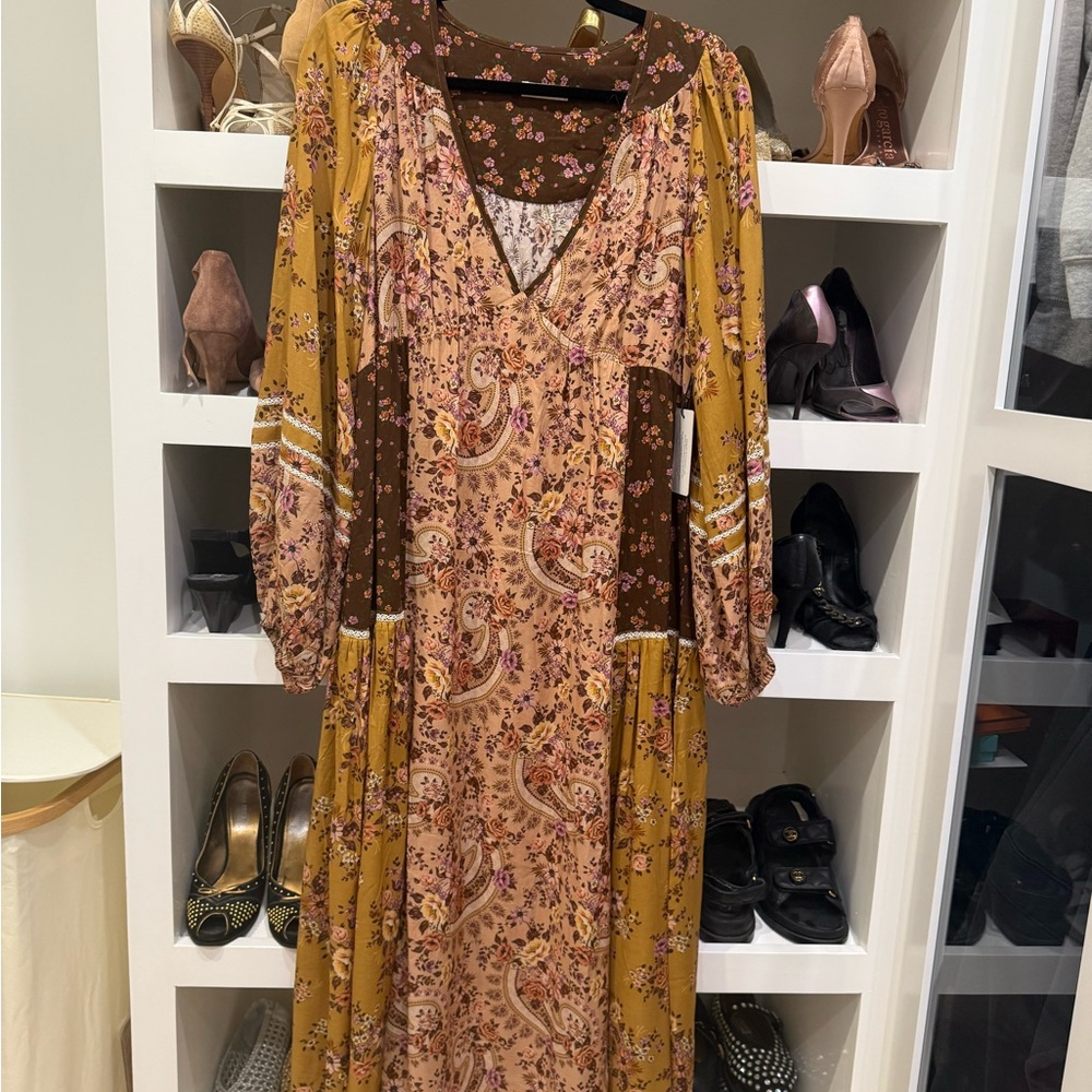 Spell Long Sleeve Floral Dress - Mustard and Brown